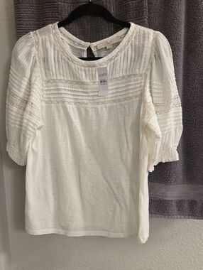 LOFT White Lace-Trim Pintuck Blouse with Puff Sleeves